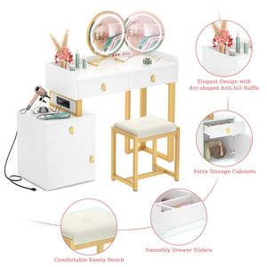 Moderno Espejo <span class=keywords><strong>de</strong></span> Maquillaje Multifuncional <span class=keywords><strong>de</strong></span> Madera con Luz LED Ajustable, Ecológico, con 3 Espacios <span class=keywords><strong>de</strong></span> Almacenamiento, para Baño o Comedor - Product Image 4
