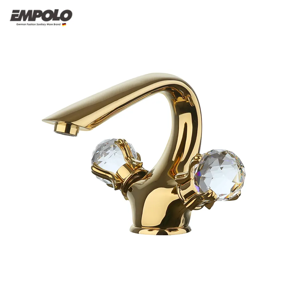 Torneiras luxuosas de ouro, torneira de bronze com alça de cristal