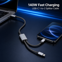 Câble multi-prises 1 à 2 PD 140W en nylon tressé 48 brins compatible avec ordinateur portable, moniteur, VR, Apple Watch sans fil