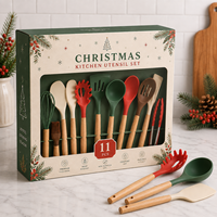 Ensemble d'ustensiles de cuisine en silicone de Noël en gros avec manches en bois - Ustensiles de cuisson avec support de rangement