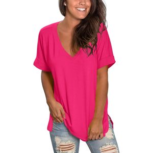 Camiseta de Cuello en V para Mujer, Casual, Manga Corta Enrollada, Abertura Lateral, Corte Holgado, Top de Verano, 100% Algodón Jersey - Product Image 1