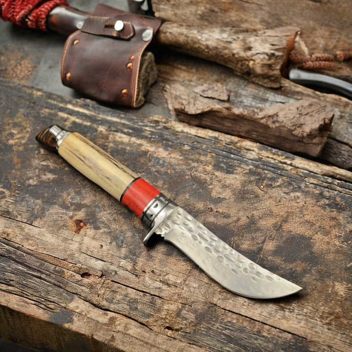 Handmade Damascus Blade Antler & Red Turquoise Pocket Knife Wooden