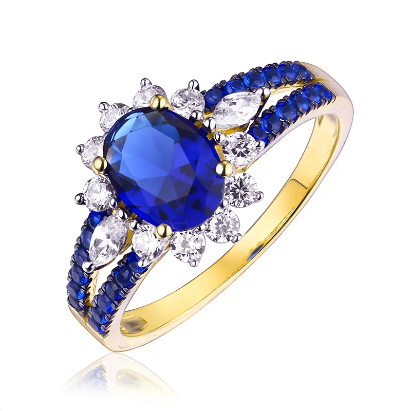 9K 10K 14K 18K 24K Solid Real Gold Prongs Solitaire Ring Flower Petite With Sapphires And Diamonds Gem Stones For Women