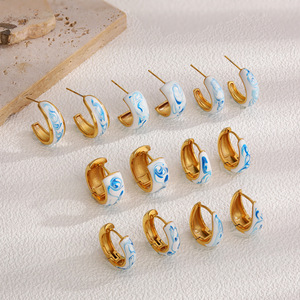<span class=keywords><strong>Cenda</strong></span> 18K Gold Blau-Weiß-Porzellan-Ohrringe, neue Creolen im chinesischen Stil mit Emaille-Tropfen-Verschlüssen - Product Image 1