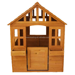 Casa de juegos infantil de madera natural, casita de madera para niños, cabaña exterior con jardineras. - Product Image 1