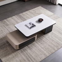Table basse moderne de luxe en placage de bois peint avec plateau en pierre microcristalline et rangement central pour salon