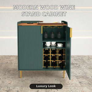 Meuble bar moderne vert avec plateau en bois et accents en laiton pour le rangement du vin et la présentation des verres - Product Image 2