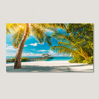 Impression murale de plage tropicale des Caraïbes, paysage marin avec cocotiers et îles, pour salon, hôtel, complexe hôtelier, intérieurs côtiers