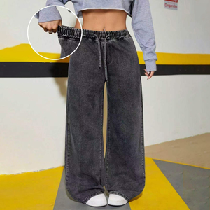 <span class=keywords><strong>Jean</strong></span> baggy gris délavé à jambe <span class=keywords><strong>large</strong></span> pour adolescentes, pantalon décontracté en denim avec taille à cordon, style streetwear - Product Image 3