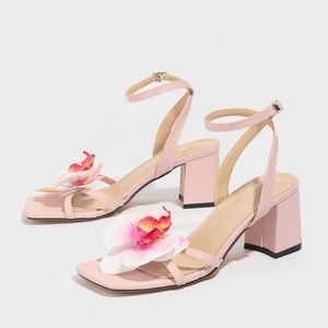 Women's Square-toed Three-dimensional Flower Solid Color Chunk-heeled <b>Sandals</b>, Gorgeous and Fashionable High Heels - Product Image 5