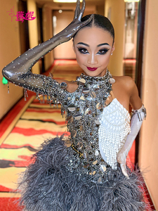 Abito da Ballo Latino Vennystyle per Donne, Costume da Competizione con Strass, Abbigliamento Professionale Standard con <span class=keywords><strong>Gonna</strong></span> <span class=keywords><strong>di</strong></span> <span class=keywords><strong>Piume</strong></span> - Product Image 2