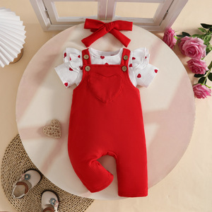 Nuovo Set Estivo 3 Pezzi per Neonata in Cotone: Tutina a Maniche Corte, Pantaloni con Bretelle e Fascia per Capelli - Product Image 2