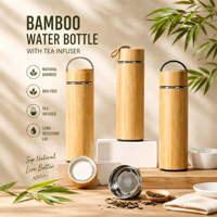 Mug à café en acier inoxydable à double paroi avec couvercle en bambou personnalisé, 350 ml, 450 ml, 500 ml, thermos à vide, bouteille d'eau en bambou avec poignée