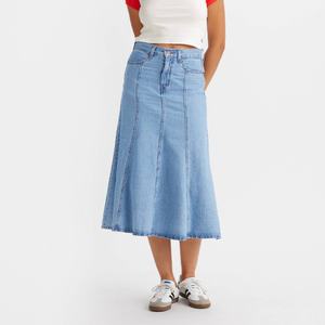Jupe longue sur mesure 100% coton de haute qualité, vintage, bleu clair, denim plissé, jupes pour femmes - Product Image 1