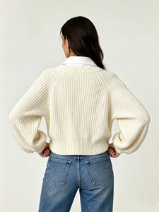 Chic <b>Fake</b> Two Piece V Neck Pullover Sweater Lantern Long Sleeve Cropped Knit Top Fall Trendy Casual Ladies Outerwear - Product Image 3