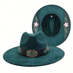 New Arrival National Style Suede Fedora Hat Flat Wide Brim with Embroidery <b>Patch</b> Design Casual Fashion Colorful Suede Jazz Hat - Product Image 1