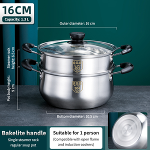 Marmite en acier inoxydable SUS 304 avec poignée en bakélite, couvercle en verre trempé transparent et compartiment vapeur – Ensemble d'ustensiles de cuisson - Product Image 3