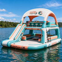 Isla Flotante Inflable Portátil con Tobogán y Toldo, Estructura Resistente para Reuniones Grupales en la Piscina