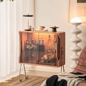 Retro Style Living Room Movable Glass Wine Cabinet With Wheels Storage Display Sideboard For Sofa Or Entryway - Product Image 2