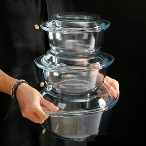 Four Bols Micro-ondes Cuisine Vaisselle Casserole avec Couvercle Rond Pas Cher Casserole En Verre avec Poignées