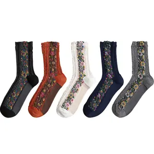 wholesale high quality harajuku cotton ladies Elegant flower autumn winter fancy socks Korean retro tube cozy socks for women