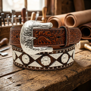 Hand Carved Designer 100% Cow Hide Vintage Durable Heavy Duty Eco-Friendly Waterproof Square Steel Pin Belt 3.8 CM Premium - Product Image 1