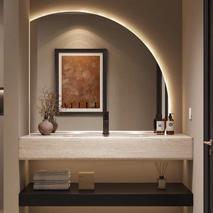 Italian Light Luxury Style Lacquer Finish MDF Cabinet Smart <b>Mirror</b> Integrated Basin Bathroom <b>Vanity</b> Unit for Hotel Use - Product Image 2