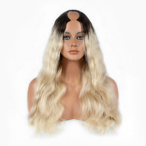 Perruque U-Part sans colle en cheveux humains vierges européens, cuticules alignées, avec racines, balayage ombré blond, ondulations naturelles - Product Image 1