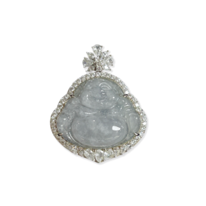 Pendentif <span class=keywords><strong>Bouddha</strong></span> rieur en jadéite birmane naturelle de qualité A, glacé et hautement transparent, serti de zircon en <span class=keywords><strong>argent</strong></span> sterling 925. - Product Image 1