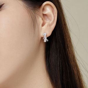 Dylam Dainty Beauty S925 <b>Silver</b> Fine Jewelry Hypoallergenic Rhodium Plated Diamond 5A Cubic Zirconia Bow Tine <b>Hoop</b> Earrings - Product Image 2
