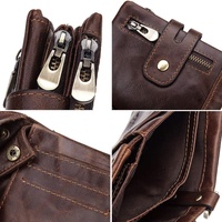 Dompet Rantai Lipat Dua Geometris Vintage Unisex Kulit Asli Anti-RFID Kantong Koin Kancing Ritsleting Ganda Anti-Maling