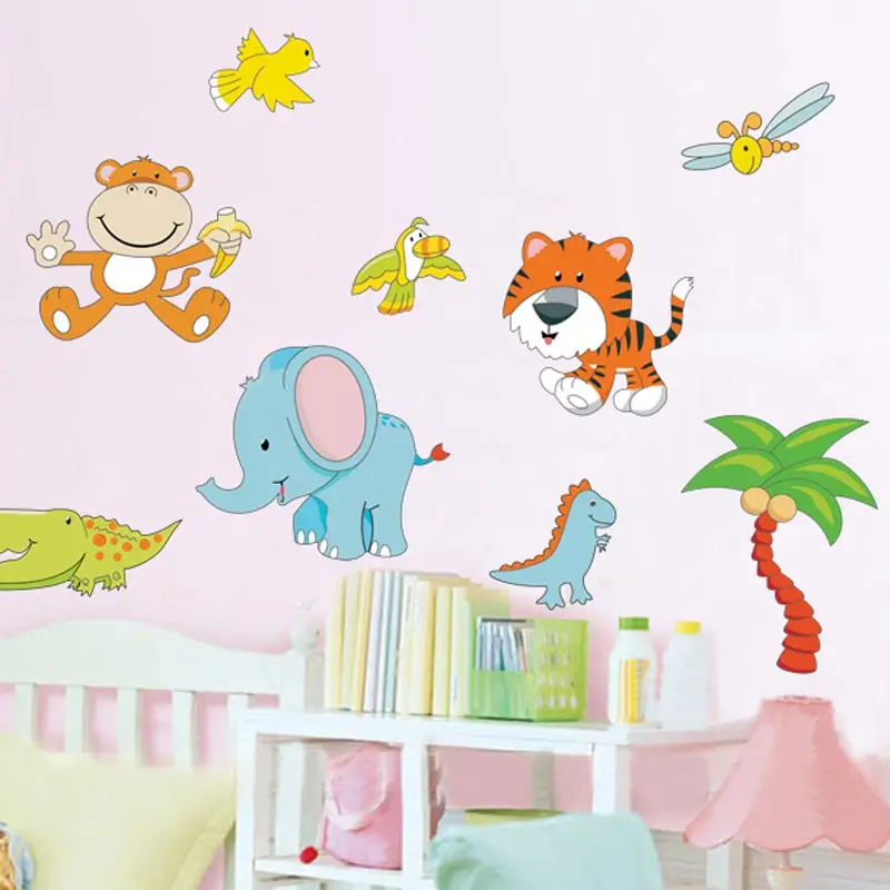 Cartoon Tiger Elephant Design Wall Sticker Baby Room Wallpaper PVC Wall Sticker Home Decoration CMYK Customized Die Cut sticker