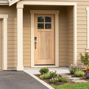 Porte d'entrée en bois massif avec vitre à 4 panneaux arquée, lattes verticales et serrure intelligente, style artisanat américain - Product Image 2