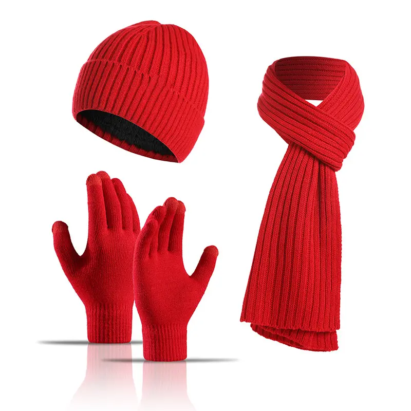 Moda invernale lavorato a maglia in morbida lana tre pezzi set tinta unita cappuccio caldo di lusso berretto guanti cappello e sciarpa set donna