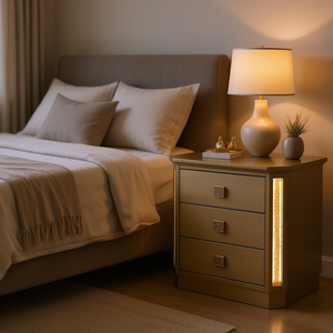 Comodino in Legno Finitura Oro con 3 Cassetti, Arredamento Moderno per Camera da Letto - Product Image 2