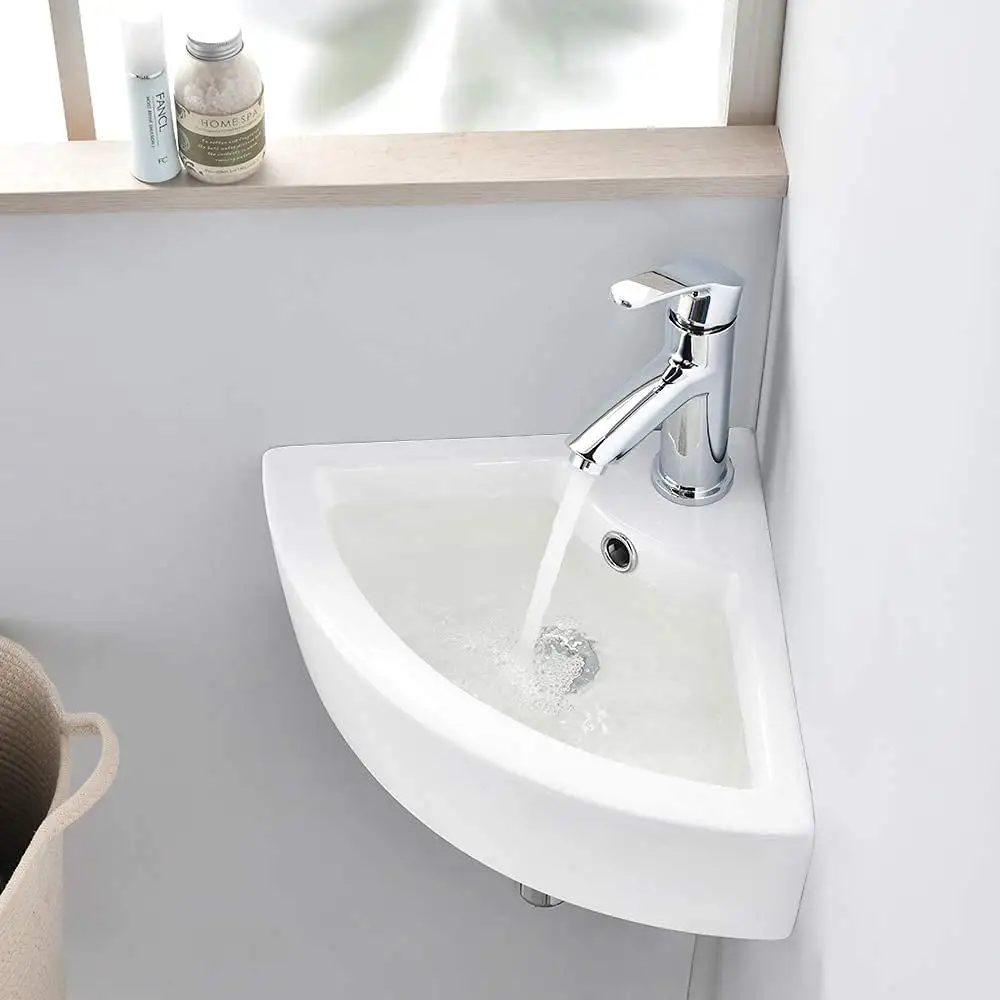 Kích thước nhỏ góc tường gắn kết rửa tay lưu vực phòng tắm tam giác trắng sứ gốm trên truy cập Mini Vanity tàu chìm