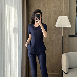 Women's Professional Suit <b>Set</b> Short Sleeve Collarless Breathable Worsted Summer <b>Office</b> Lady Style - Product Image 2