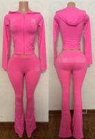Grosir OEM Custom Bordir Wanita Setelan Olahraga Dua Potong Warna Kontras Hoodie Resleting Celana Sweatpants High Waist Model Flare Setelan Athleisure