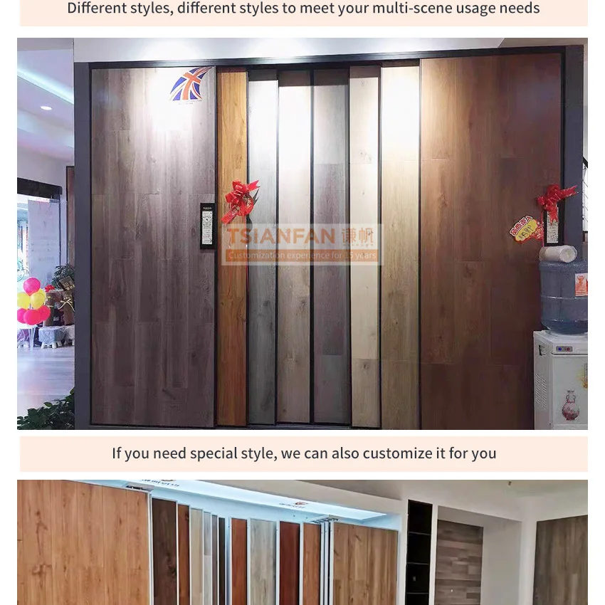 Tsianfan Hardwood Slab Sample Wooden Sliding Tile Parquet Oak Deck Rack Custom Horizontal Wood Flooring Display Stand