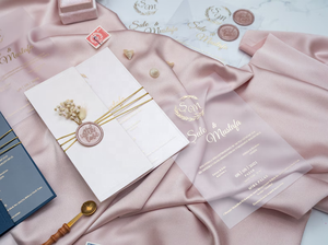 Cartes <span class=keywords><strong>d</strong></span>'invitation de mariage élégantes en papier acrylique transparent bleu marine avec feuille <span class=keywords><strong>d</strong></span>'or Cartes de mariage sceaux de cire personnalisés pour plantes sèches - Product Image 6