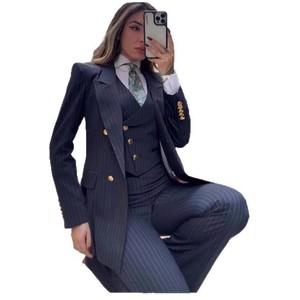 <span class=keywords><strong>Costume</strong></span> femme <span class=keywords><strong>rayé</strong></span> <span class=keywords><strong>bleu</strong></span> marine tendance, 3 pièces, vêtements féminins, coupe ajustée, ensemble de blazer formel pour femme de bureau - Product Image 1