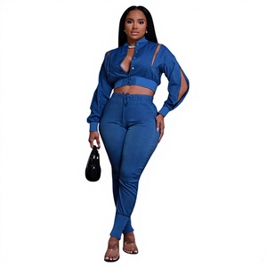 Wholesale <b>Women</b> 2 Piece Matching <b>Outfits</b> Long Sleeve Cold Shoulder Cropped Jacket High Waist Elastic Sweatpants Lounge Set - Product Image 3