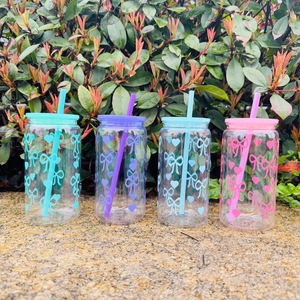 USA Warehouse 25pcs 16oz Clear Plastic Can Tumbler <b>Reusable</b> Anti-corrosion Modern Push Button Lid Free Shipping UV DTF Vinyl - Product Image 3