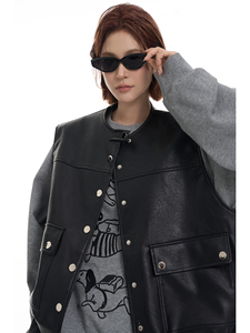 Design Round Neck <strong>Sleeveless</strong> Vest Leather Jacket <strong>Women</strong> Autumn Winter Korean Style High-end Loose <strong>Cardigan</strong> Top - Product Image 3