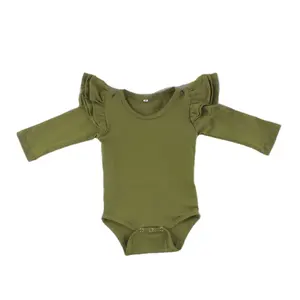 Moda design personalizado flutter manga bodysuit infantil algodão bebê manga longa plissado romper