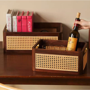Wood Desktop <b>Storage</b> Box Rattan Basket Solid Wood Portable Rectangle <b>Storage</b> <b>Tray</b> - Product Image 3