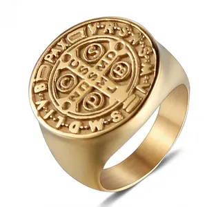Custom initial letter ring Bible cross stainless steel men gold ring Christian jewelry 18K 14K Gold filled engraved logo