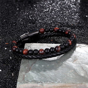 Black Braided Leather <b>Beaded</b> <b>Bracelet</b> For <b>Men</b> Natural Agate Stone Classic Adjustable Fashion Jewelry Gift - Product Image 1