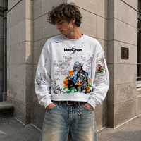 Pull-over streetwear personnalisé coupé et cousu, 420 GSM, grammage lourd, col rond oversize, imprimé manches effet vieilli vintage, ourlet brut, marque privée