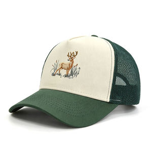 Gorra Trucker Bordada Bicolor con Diseño de Ciervo, Estilo Vintage, Crema y Verde Oscuro, Malla Trasera, Gorra de Béisbol para Exteriores, Venta al por Mayor - Product Image 2